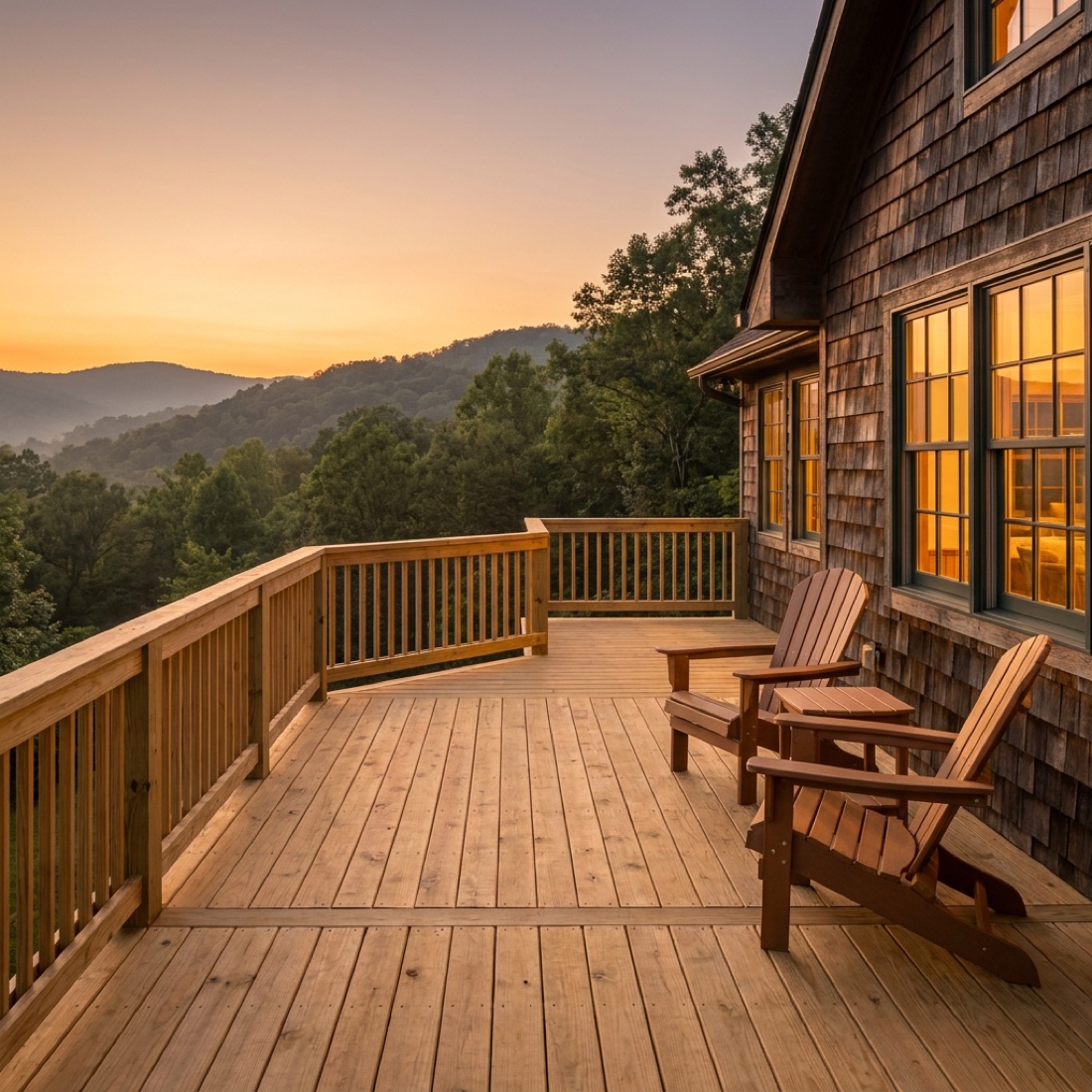Custom pressure-treated deck overlooking the Blue Ridge mountains at sunset, built by Perfect Build Solutions in Carroll County, VA